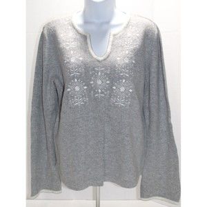 Vtg St. John's Bay Women's XL Sweater Grey Embroiled Floral Sweat heart Neck